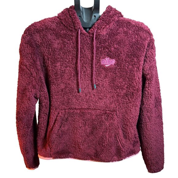 Nike Burgundy Maroon Pink Sherpa Fleece Hoodie w/ Front Kangaroo Pocket Sz Small - Picture 1 of 9